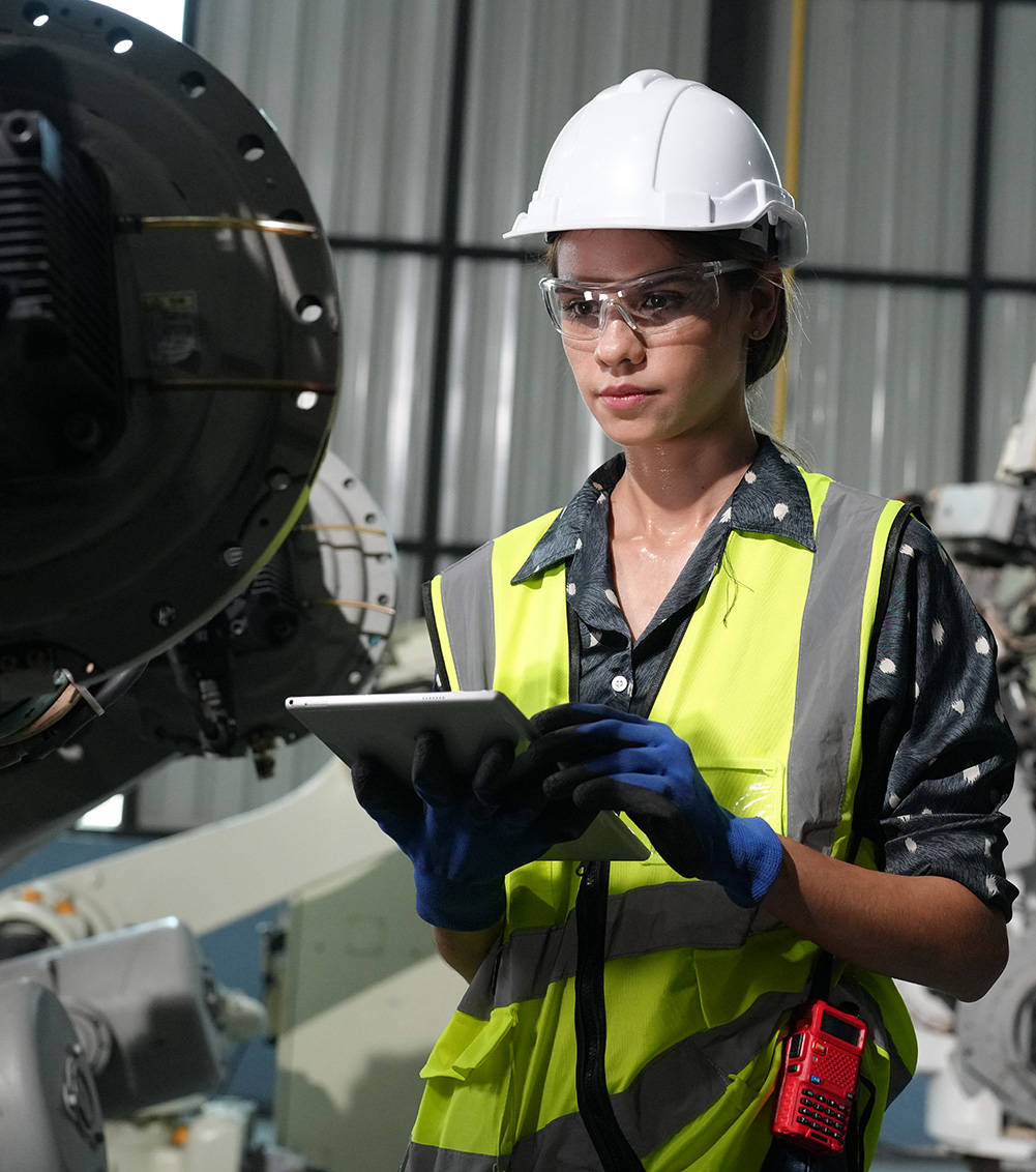Tech industry. Business industry technology, people and tech. Engineer working in factory.